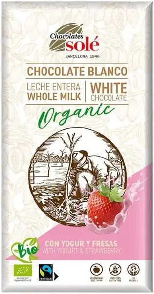 Ciocolată albă organică cu iaurt și căpșună, 100 g, Chocolates Solé