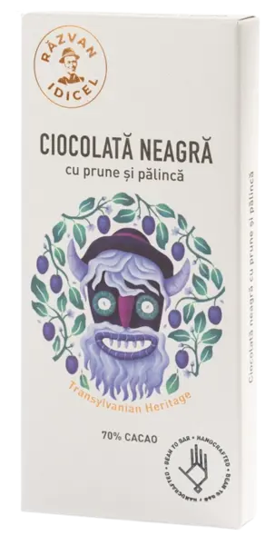 Ciocolata neagra 70% cacao cu prune si palinca, 80g, Razvan Idicel