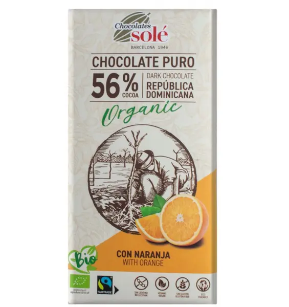 Ciocolata neagra BIO cu portocale, 56% cacao, 100 gr Chocolates