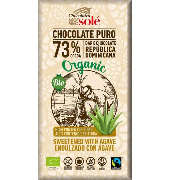 Ciocolata neagra BIO cu sirop de Agave, 73% cacao, 100 g Chocolates