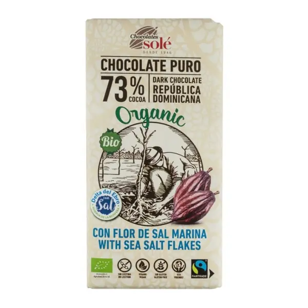 Ciocolata Neagra Bio si Fairtrade, 73% Cacao cu Fleur de Sel, Chocolates Sole, 100 g