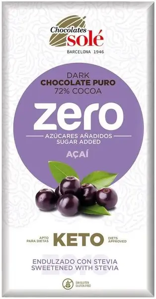 Ciocolată neagră cu acai și 72% cacao, fără zahăr adăugat, 100 g, Chocolates Solé