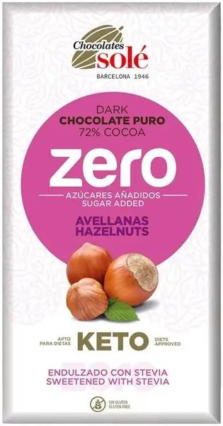 Ciocolată neagră cu alune și 72% cacao, fără zahăr adăugat,100 g, Chocolates Solé