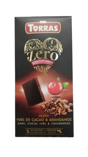 Ciocolata neagra cu merisoare fara zahar si gluten 52% cacao Zero, 125g, Torras