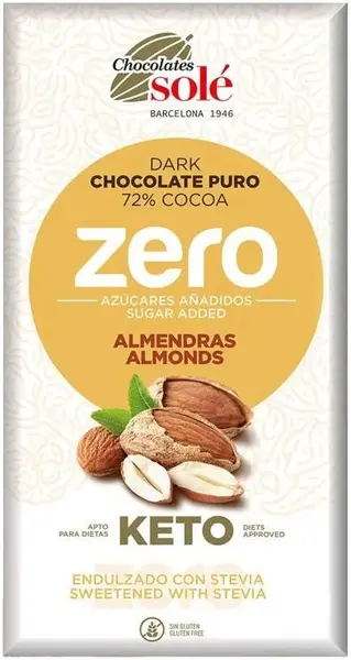 Ciocolată neagră cu migdale și 72% cacao, fără zahăr adăugat, 100 g, Chocolates Solé