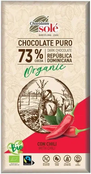 Ciocolată neagră organică cu chili, 73% cacao, 100 g, Chocolates Solé
