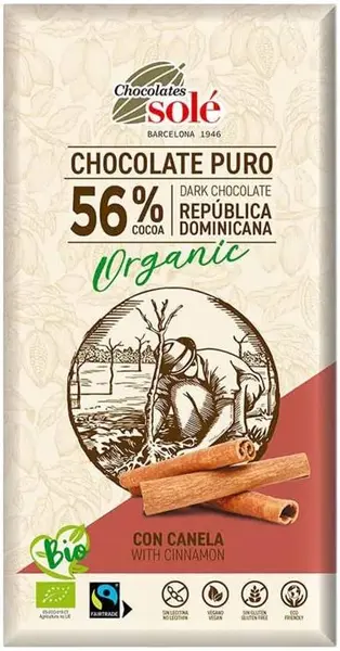 Ciocolată neagră organică cu scorțișoară, 56% cacao, 100 g, Chocolates Solé