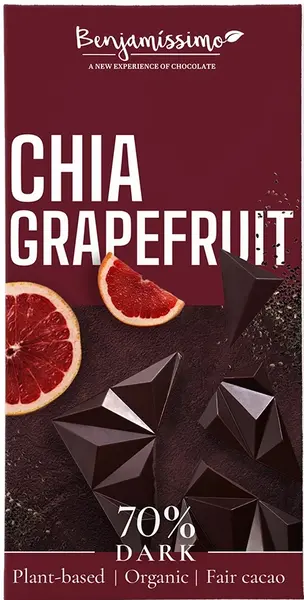 Ciocolată neagră vegană organică cu chia și grapefruit, 60 g, Benjamissimo