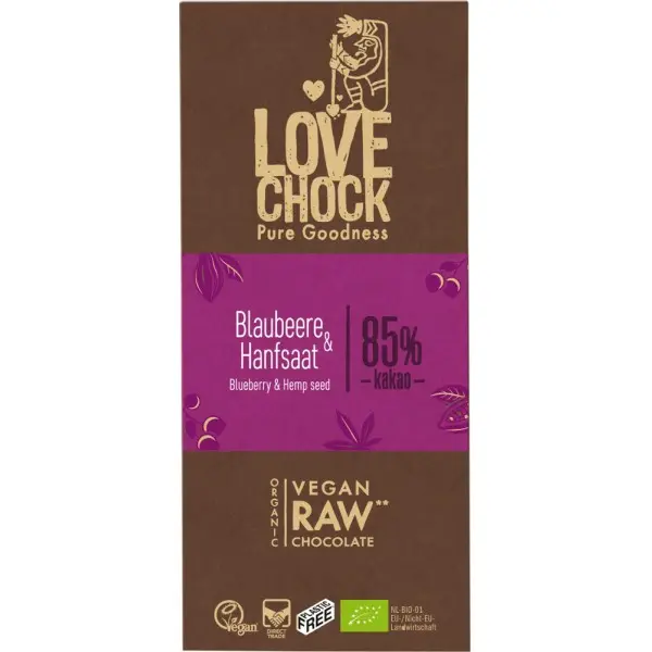 Ciocolata raw vegana cu afine si seminte de canepa, 70g, Lovechock