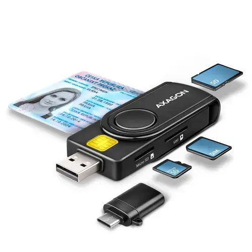 Cititor carduri inteligente / carte de identitate / SD / microSD / SIM card Axagon PocketReader CRE-SMP2A, USB 2.0 + USB-C (Negru)