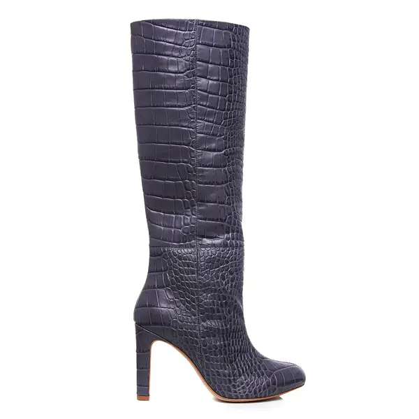 Cizme Clara Piele Embosata, Sub Genunchi, Gri Inchis - 40 / 8cm - Gros
