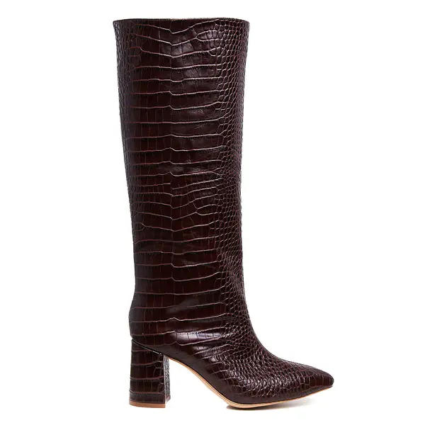 Cizme Ilona Piele Embosata, Sub Genunchi, Maro Inchis - 35 / 9.5 cm