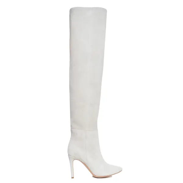 Cizme Lungi Milana Piele Intoarsa, Gri Deschis - 40 / 8 cm