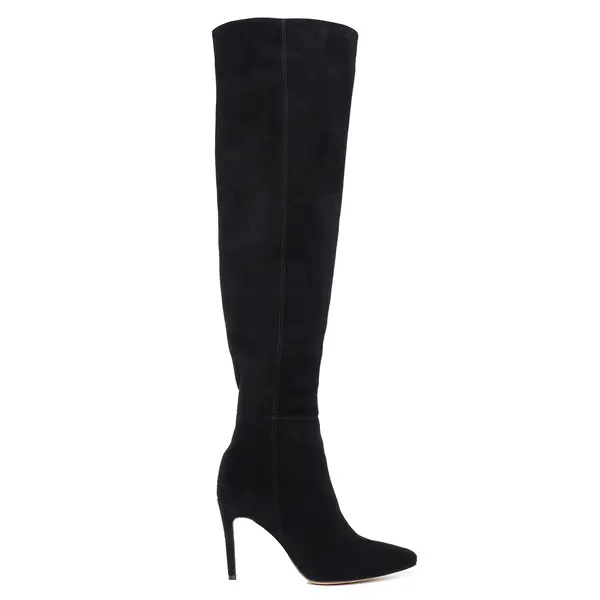 Cizme Lungi Milana Piele Intoarsa, Negre - 39 / 8 cm