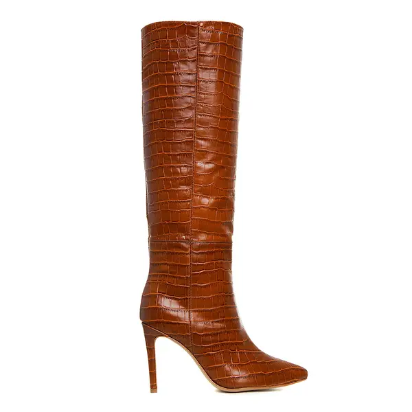 Cizme Milla Piele Embosata, Sub Genunchi, Maro-Caramel - 35 / 11 cm