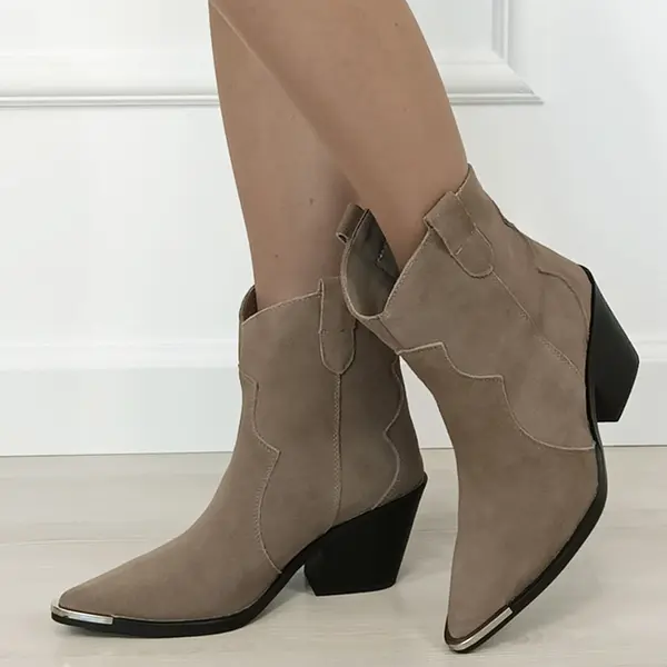 Cizme scurte kaki din piele naturala cu toc comod 6397 114