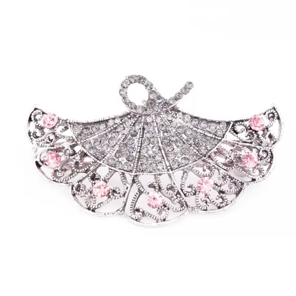 Clama medie metalica cu forma de evantai argintiu cu pietre decorative argintii si roz
