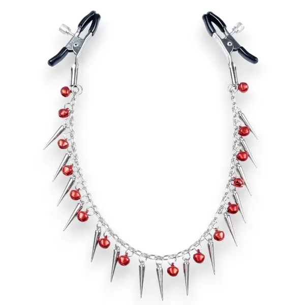 Cleme pentru sfârcuri B-SERIES Exclusive Nipple Clamps, design cu lanț, țepi și clopoței, argintiu cu roșu (61-00011)