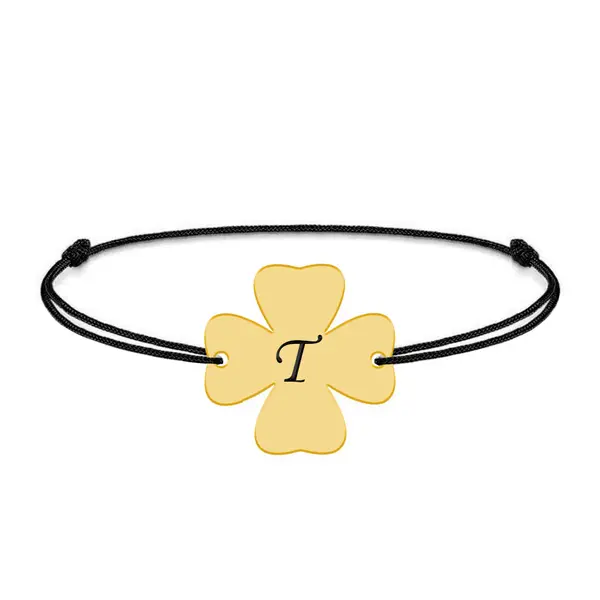 Clover - Bratara personalizata snur initiala - trifoi argint 925 placat cu aur galben 24K