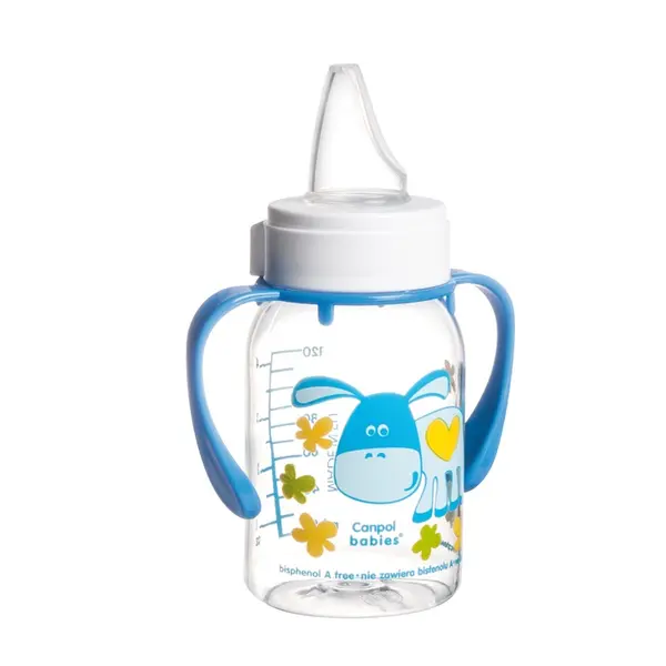 Cn 11/823_blu biberon cu maner, gat ingust, pp cute animals 120ml Canpol