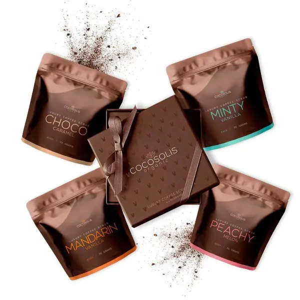 Cocosolis Luxury Coffee Scrub Box Cutie de lux cu 4 scrub-uri naturale organice - 3 pentru corp și 1 pentru față Volum 4 x 70 g