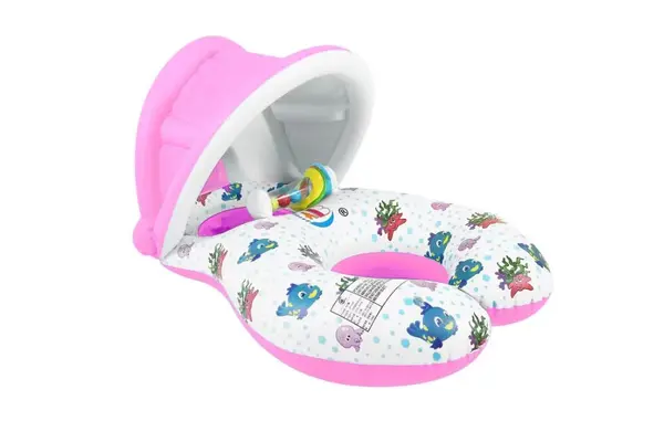 Colac gonflabil dublu pentru mama si copil cu parasolar detasabil si suport bebe - Roz