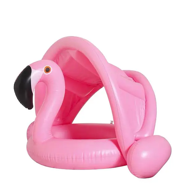 Colac gonflabil flamingo pentru copii cu parasolar si suport stabil