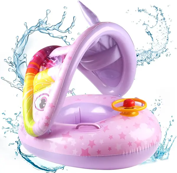 Colac gonflabil pentru copii - model Unicorn cu volan si parasolar