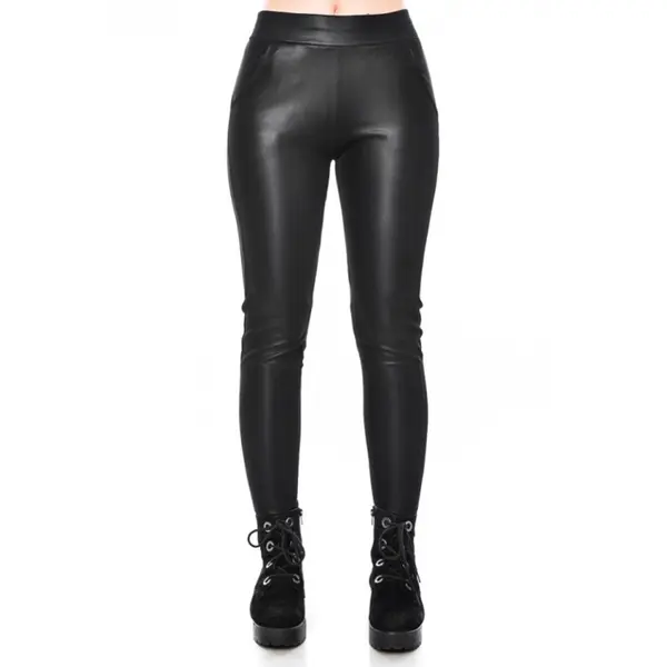 Colanti cu buzunare, imitatie de piele - NEGRU