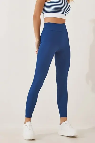 Colanti fitness Slim Vibes, aspect tetra si banda lata in talie cu efect modelator, Albastru inchis
