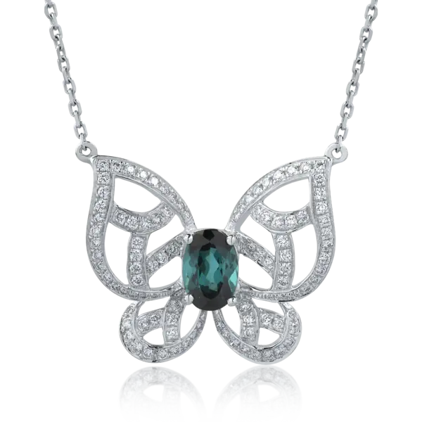 Colier cu fluture din aur alb cu turmalina verde ovala de 1.12ct si diamante de 0.54ct