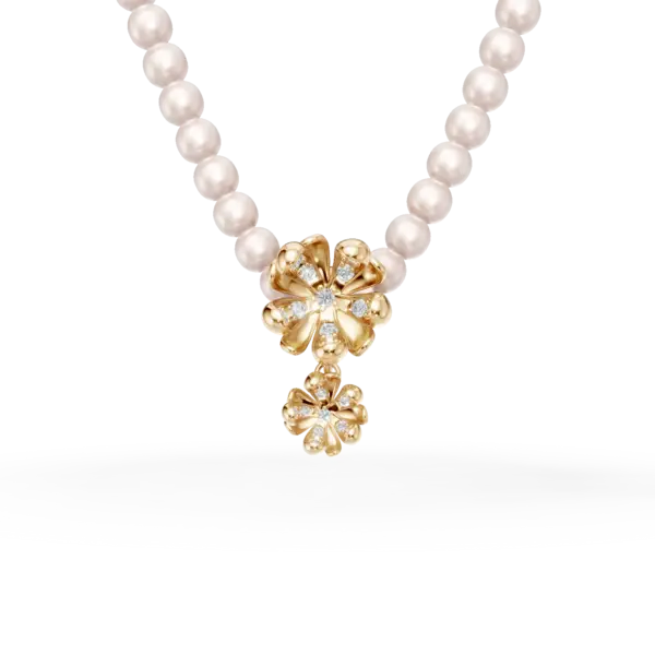 Colier cu pandantiv floare de tei din aur galben cu perle de cultura de 46.15ct si diamante de 0.12ct