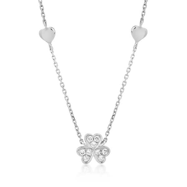Colier cu trifoi si inimioare din aur alb cu diamante de 0.061ct