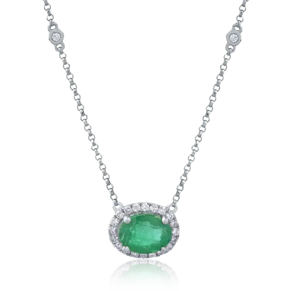 Colier din aur alb cu smarald oval de 1.2ct si diamante de 0.2ct