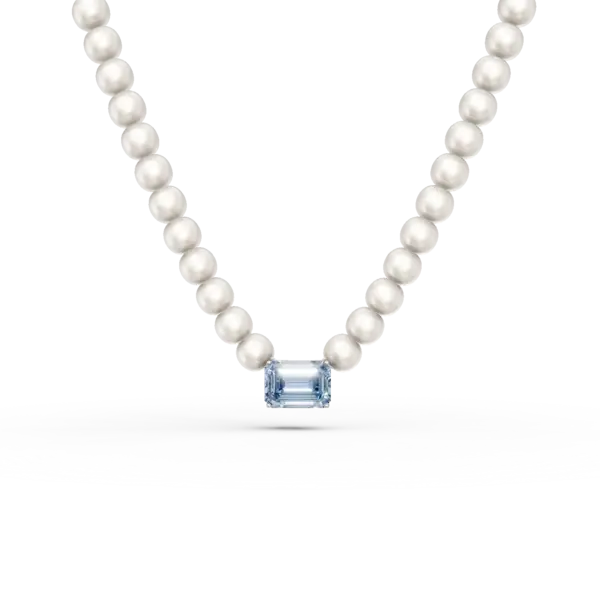 Colier din aur alb cu topaz albastru octogonal de 1.4ct si perle de cultura