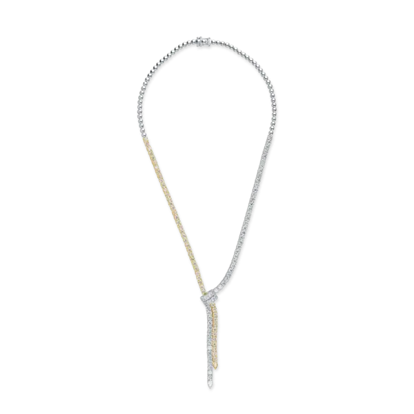 Colier din aur alb-galben cu diamant fancy galben pear de 0.25ct si diamante galbene si incolore pear si rotunde de 10.7ct