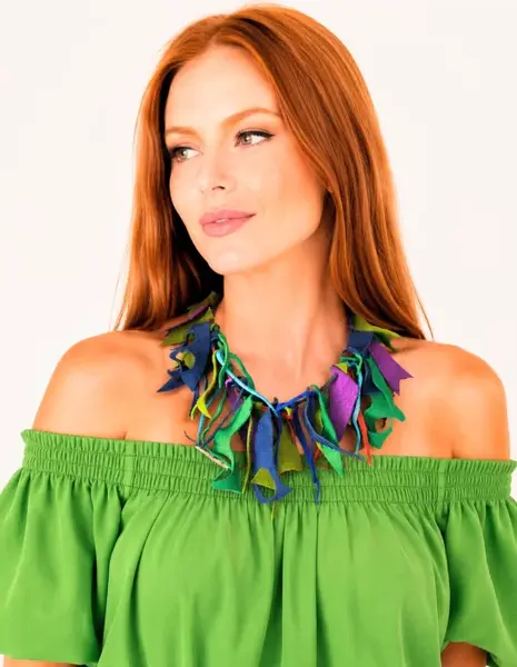 Colier handmade din piele naturala,nuante verde ,olive,mov, albastru electric