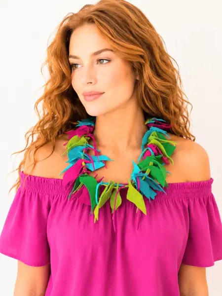 Colier handmade unicat din piele naturala,nuante bleu,olive,verde smarald , fuchsia