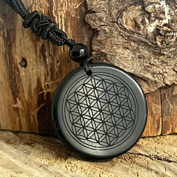 Colier pandantiv obsidian | Flower of Life
