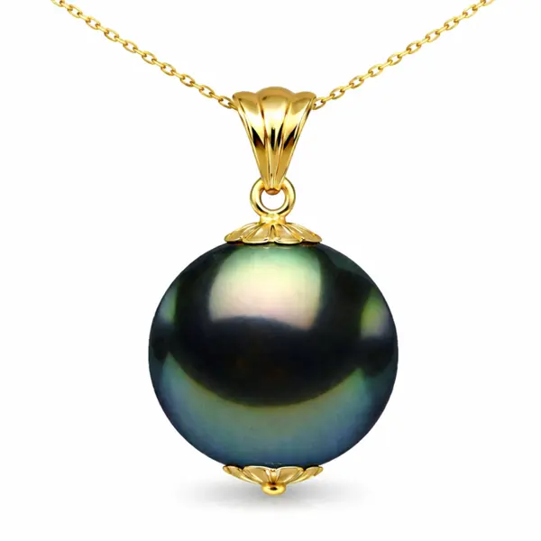 Colier Perla Naturala Tahitiana Neagra, de 9-10 mm, Calitate AAA, Aur Galben 14K cu Pandantiv KASKADDA