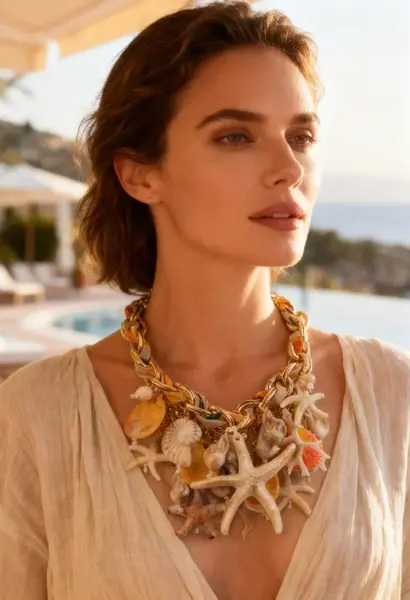 Colier statement marin galben cu stele de mare si scoici , design resort glam