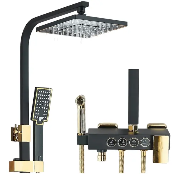 Coloana de Dus Baie BisDesign , Actionare Buton, Reglabila pe Inaltime, Cos Organizator, Culoare Negru Mat Auriu, Palarie Dus 20 cm cu Efect Ploaie, 4