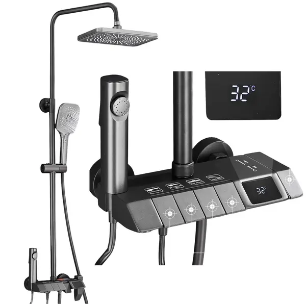 Coloana de Dus Baie BisDesign , Afisaj LCD Temperatura Apa, Butoane Stil Piano, Finisaj Gri Antracit, Para Dus 28 cm cu Efect Ploaie, 4 Functii de