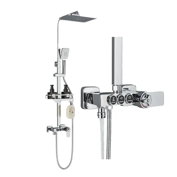 Coloana de Dus Baie, Termostat Temperatura Apa, Reglabila pe Inaltime, Cos Organizator, Culoare Crom, Palarie Dus 30 cm cu Efect Ploaie, 3 Functii de