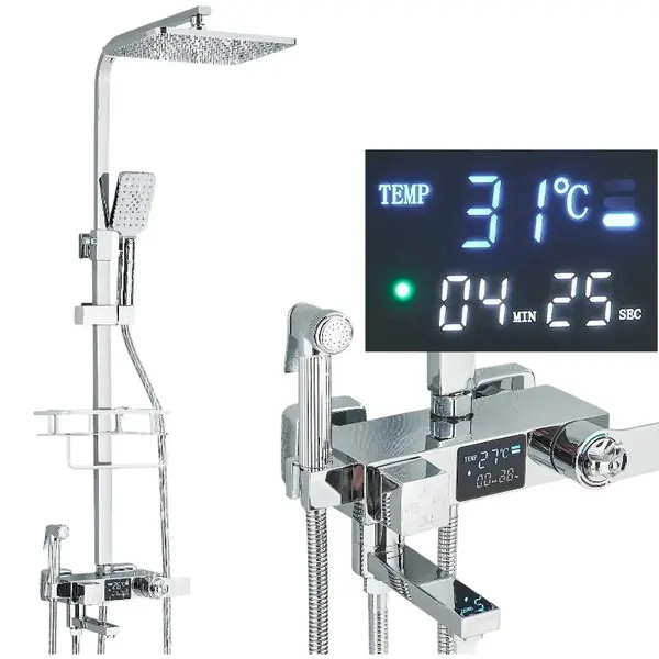 Coloana de Dus BisDesign , Termostat Temperatura Apa, Reglabila pe Inaltime, Display LCD, Cos Organizator, Finisaj Crom Lucios, Palarie Dus 29 cm cu