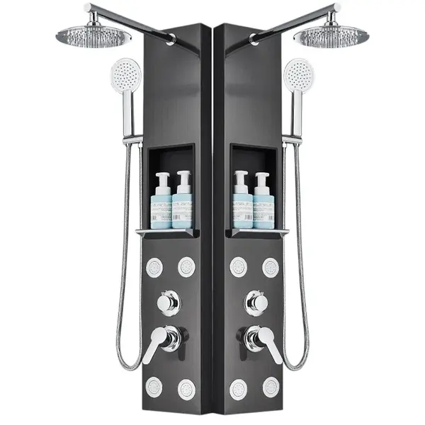 Coloana de Dus, Efect ploaie, Finisaj Negru Metalizat, Functii SPA cu Raft de Depozitare
