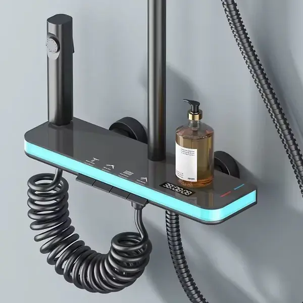 Coloana de dus multifunctionala cu para fixa, dus de mana, baterie digitala si suport pentru produse