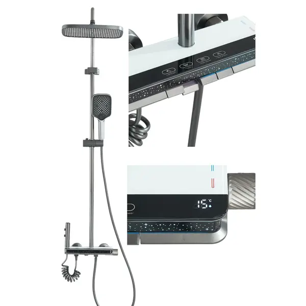 Coloana de Dus Pentru Baie, BisDesign , Afisaj Temperatura Apa, Termostat, Inaltime Reglabila, Finisaj Gri, Metal, 4 Functii