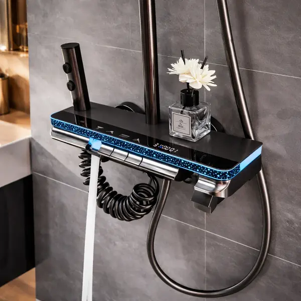 Coloana Dus Smart Premium cu LED si Termostat, 4 Functii, Butoane Piano, Finisaj Gri cu Negru