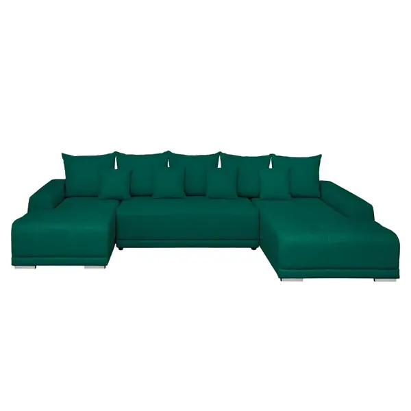 Coltar extensibil MARIBO U, cu arcuri si lada depozitare, colt dreapta, verde inchis, 350x203x90 cm